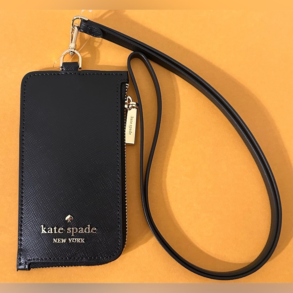 NWT KATE SPADE Madison Lanyard Black Leather ID/CREDIT CARD/BADGE Holder